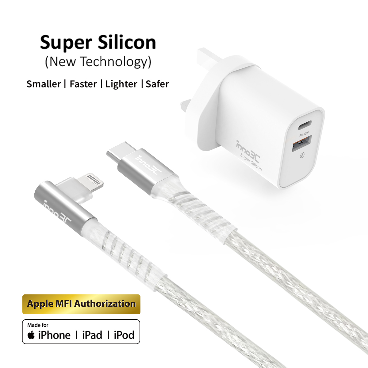 inno3C i-LP30W Super Silicon PD 30W Dual Port Fast Charger + Transparent Type-C to Lightning L-Shape Cable (White / Transparent)